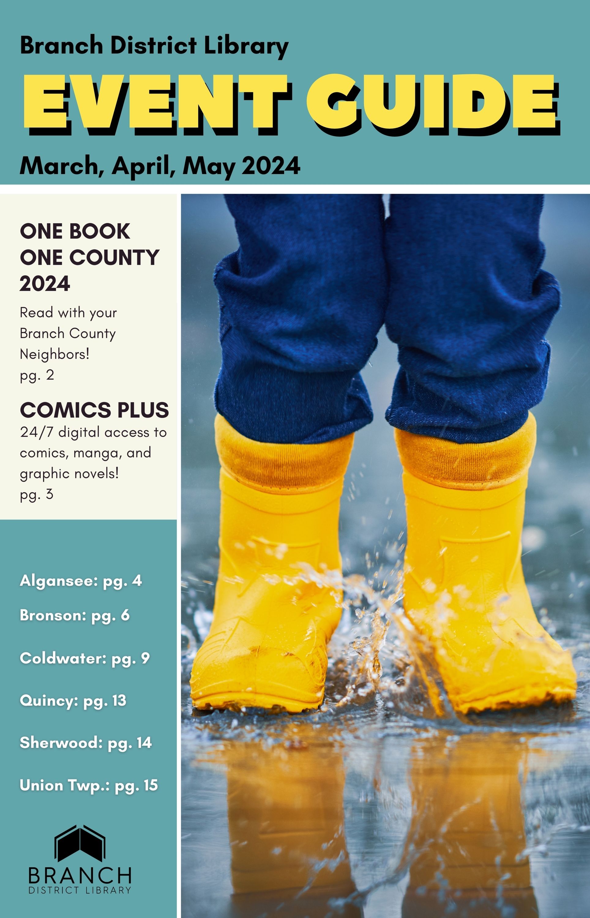 legs wearing jeans and yellow rain books splashing in a puddle.