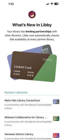 A picture of two library cards, one a Woodlands Downloadable Library card. And a list of our partner libraries available on Libby.