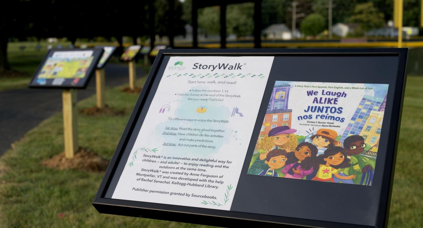 StoryWalk display with the first page of the book. 