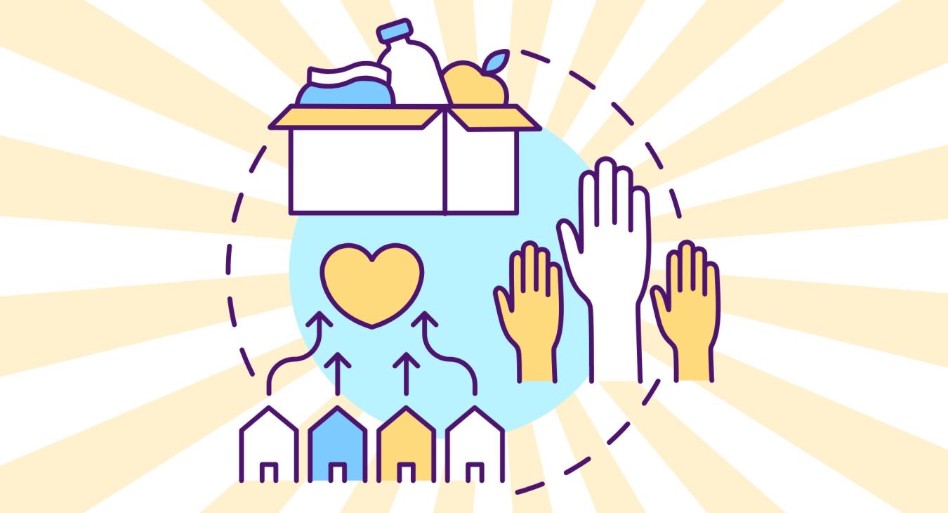 Abstract image depicting helping hands, love, and a box of needed goods.