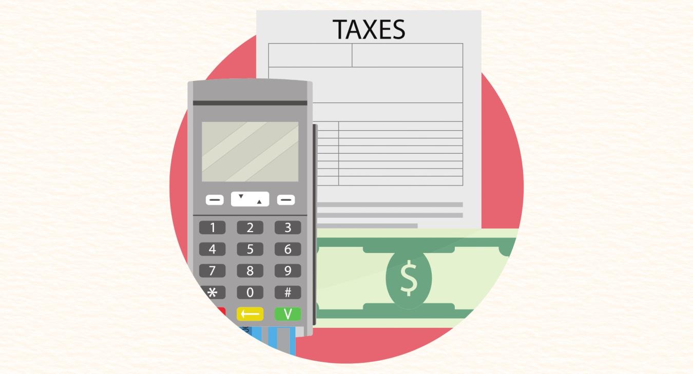 Abstract image with a tax form, calculator, and money