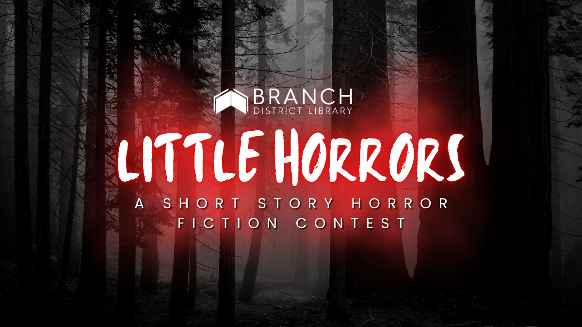 Red words on a dark forest background that say Little Horrors: A Short Story Horror Fiction Contest